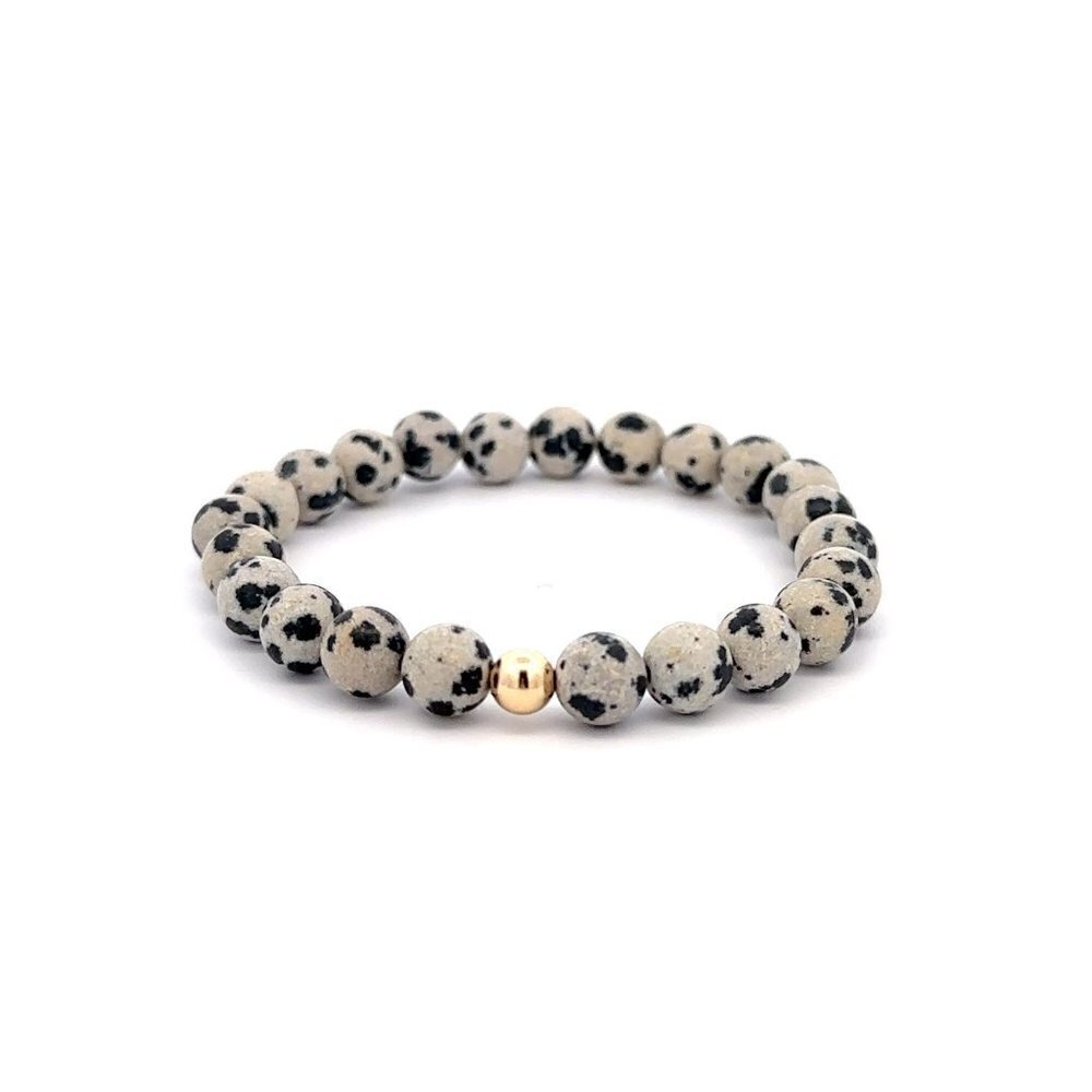 Natural Dalmatian Jasper 6mm Stretchable Bracelet 18k Gold Bead Charm